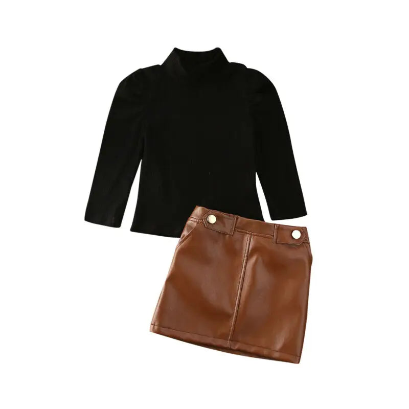Leather Skirt and Cotton Turtleneck Toddler Girl Outfit Set - Kidstors