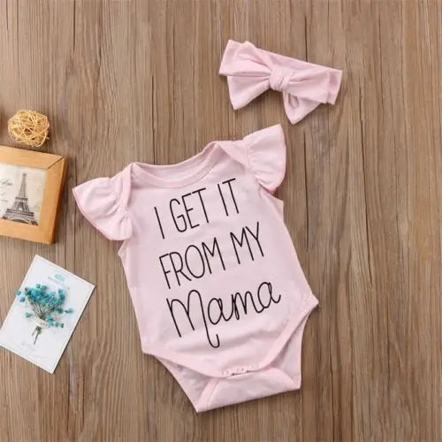 I Get It From My Mama” Baby Girl Bodysuit with Flutter Sleeves & Headband Set