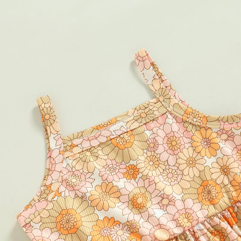 Toddler Set of Flower Print Ruffled Top + Flared Boho Pants