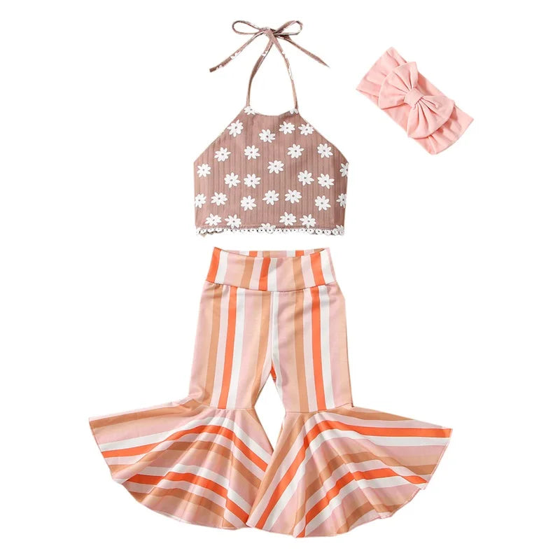 Boho Style Sleeveless Floral Halter Crop Top + Bell Bottom Pants Toddler Set