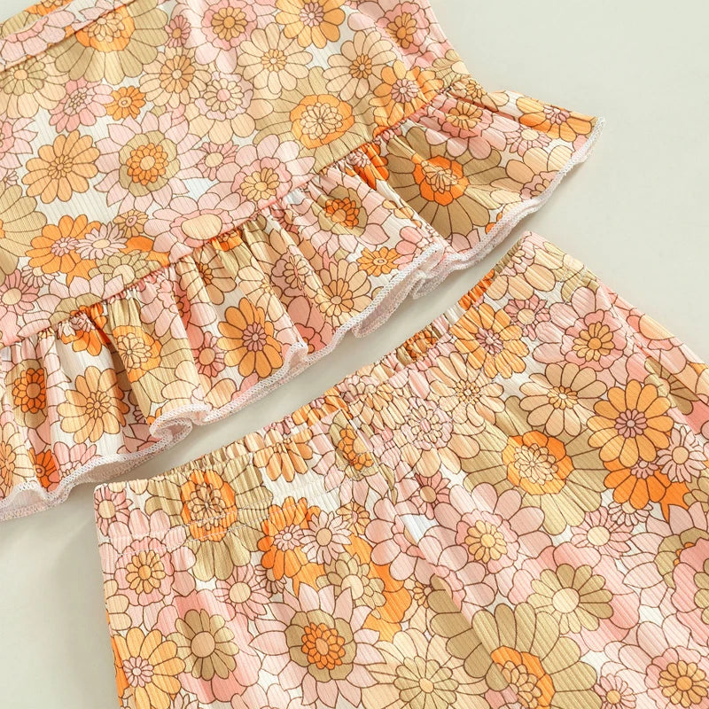 Toddler Set of Flower Print Ruffled Top + Flared Boho Pants
