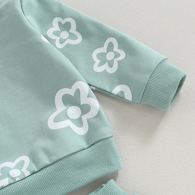 Toddler Girl Outfit Set with Floral Crewneck + Pants