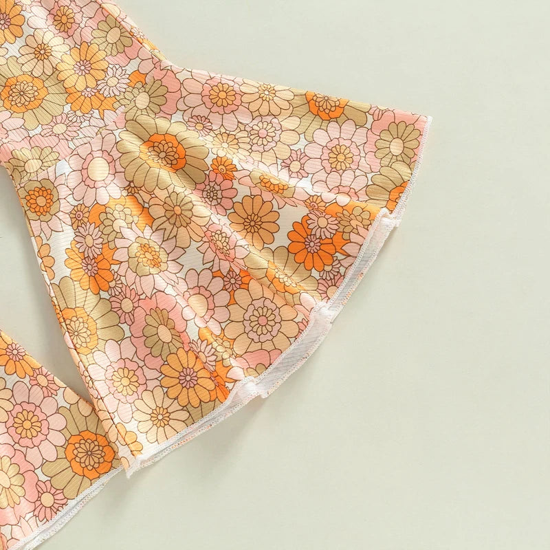 Toddler Set of Flower Print Ruffled Top + Flared Boho Pants
