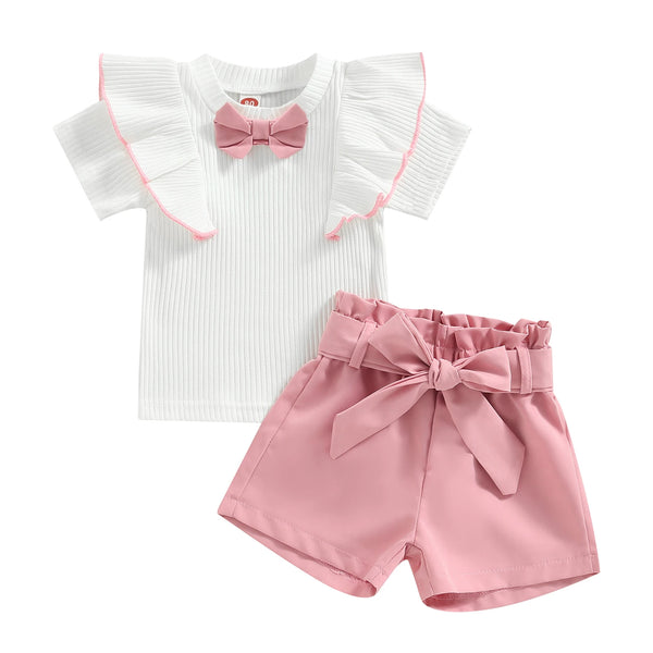 Toddler Girls' Set Of Short-Sleeved Ruffled Bow Top With Lace Up Shorts  - Kidstors