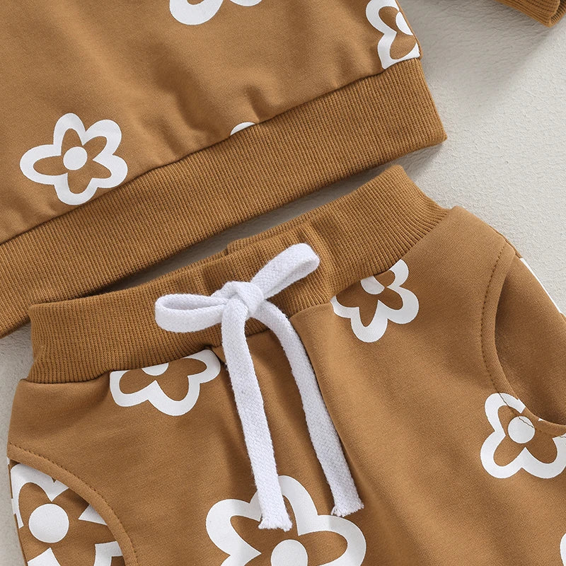 Toddler Girl Outfit Set with Floral Crewneck + Pants