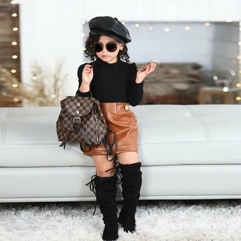 Leather Skirt and Cotton Turtleneck Toddler Girl Outfit  Set - Kidstors