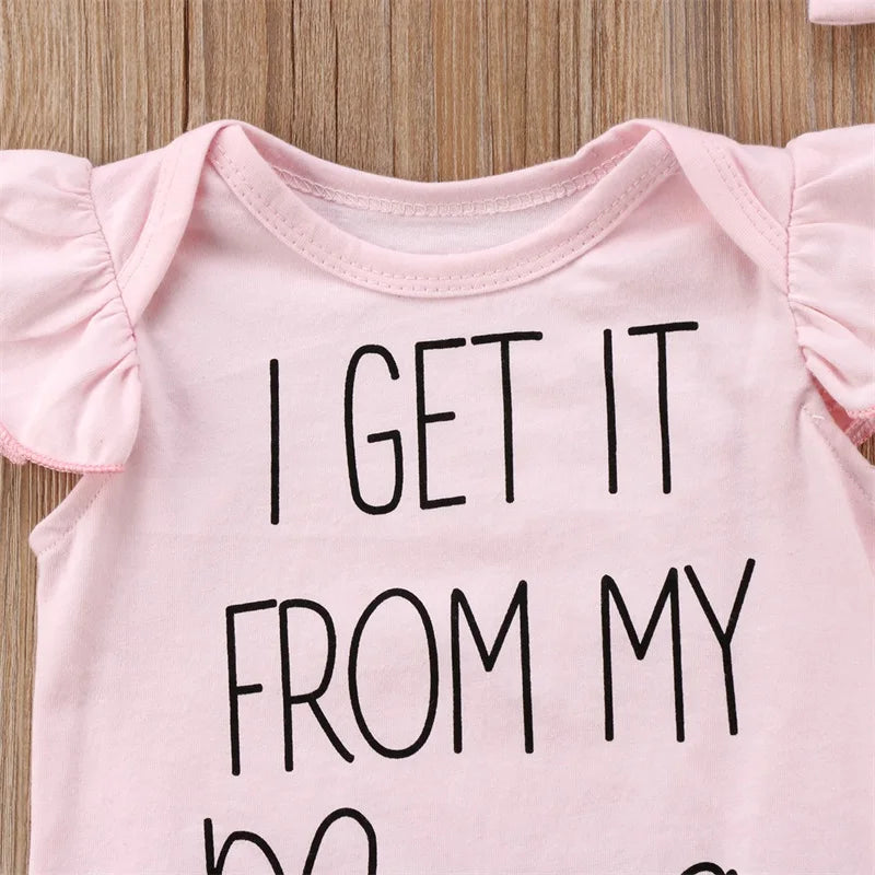 I Get It From My Mama” Baby Girl Bodysuit with Flutter Sleeves & Headband Set