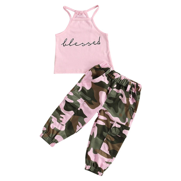 Toddler Girl Outfit Set of Blessed Tank Top + Military Pants