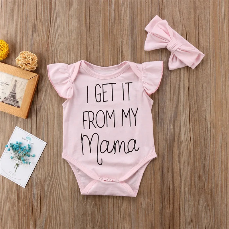 I Get It From My Mama” Baby Girl Bodysuit with Flutter Sleeves & Headband Set