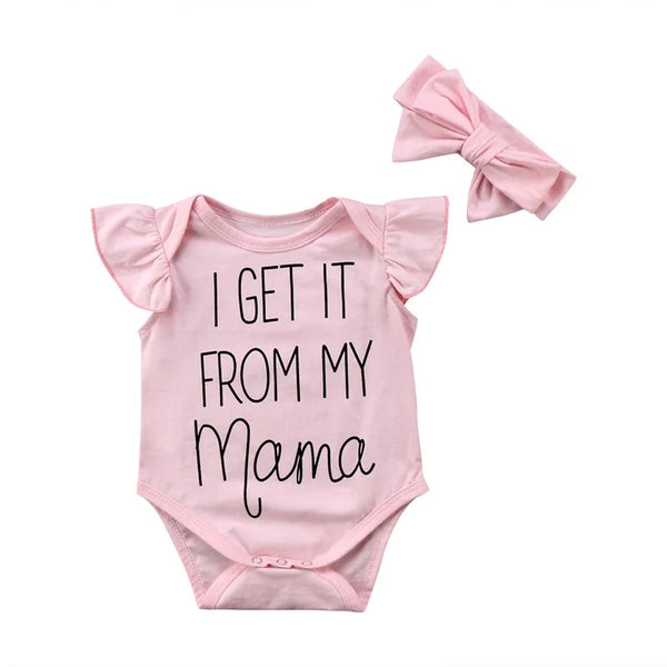 I Get It From My Mama” Baby Girl Bodysuit with Flutter Sleeves & Headband Set