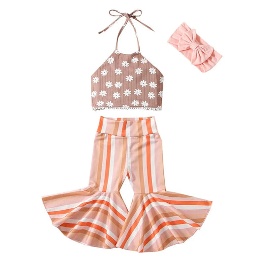 Boho Style Sleeveless Floral Halter Crop Top + Bell Bottom Pants Toddler Set