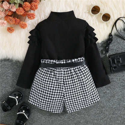 Set of Turtle Neck Knitted Top + Plaid Shorts