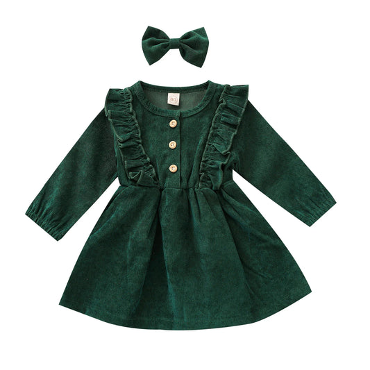 Velour Long Sleeve Ruffled Toddler And Baby Girl Dress + Bow