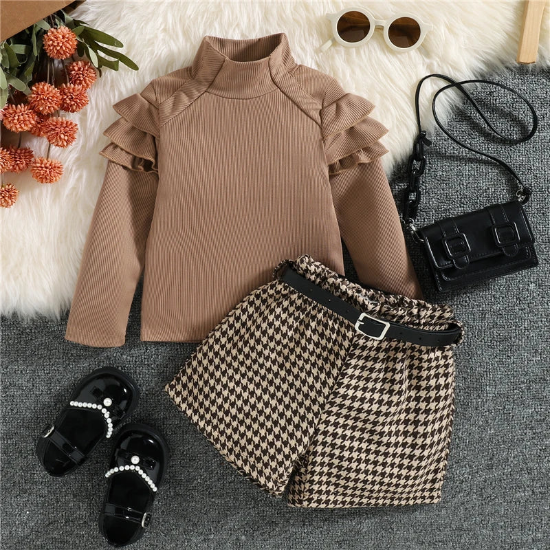 Set of Turtle Neck Knitted Top + Plaid Shorts